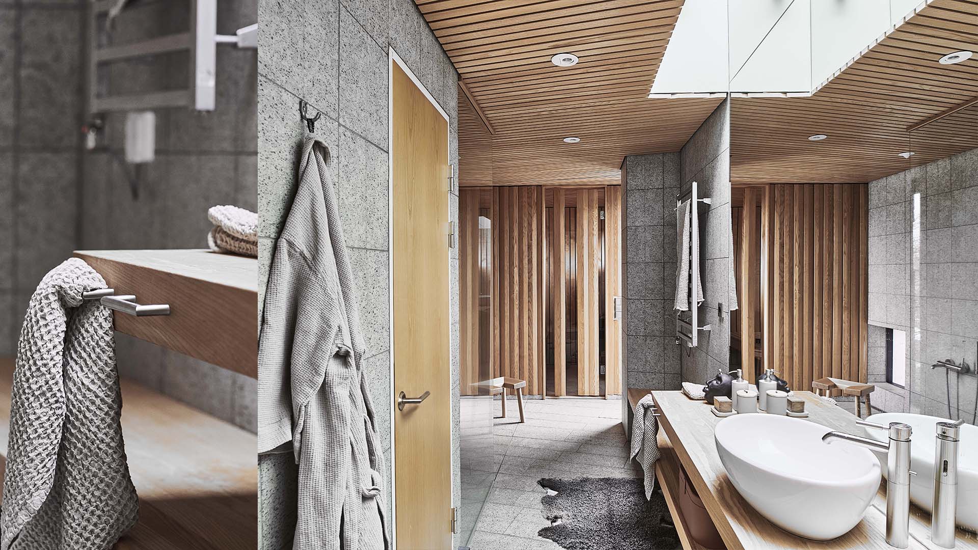 badrum i modern stil med krok mot vägg, dörrhandtag för toalettdörr och krok för handduk